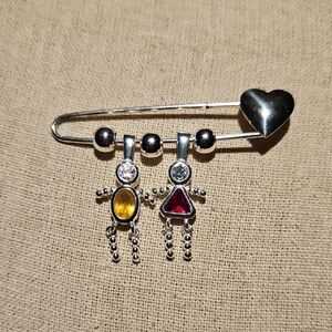 Silver Heart Kids Brooch with Red and Yellow Accents